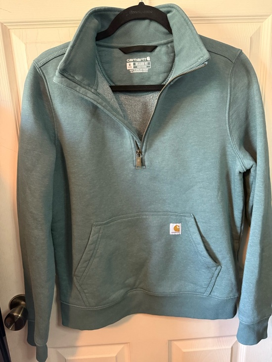 Carhartt Woman’s Relaxed Fit Quarter Zip Green Pullover Sweatshirt Medium - Picture 5 of 8